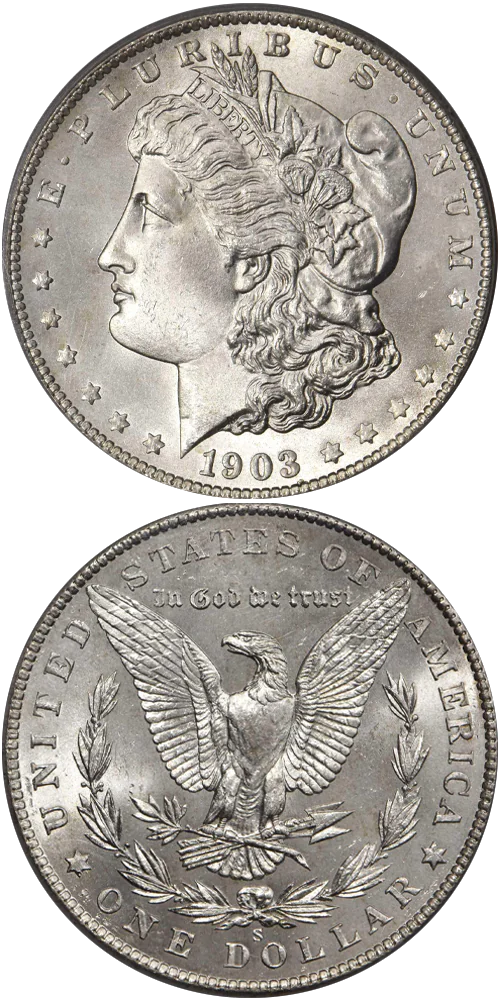 1903-S Morgan silver dollar in uncirculated Mint State condition showing full cartwheel luster and sharp strike