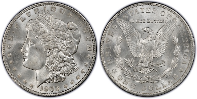 1903 Philadelphia Morgan dollar Deep Mirror Proof-Like DMPL surfaces showing mirror fields and frosted devices