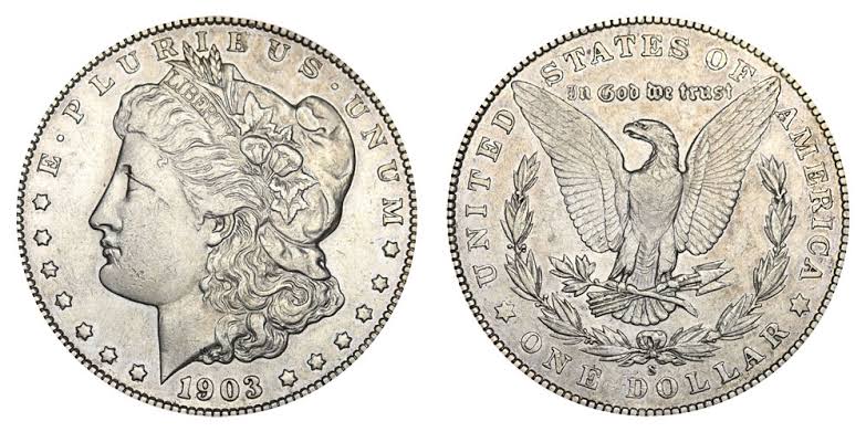 Group of 1903 Morgan silver dollars from Philadelphia, New Orleans, and San Francisco mints displayed together