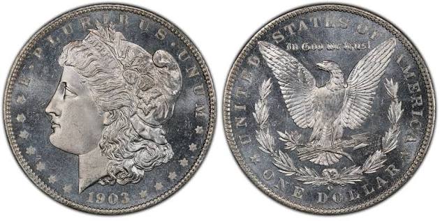 1903 Morgan silver dollar grading strip showing four condition tiers from worn Good to gem Mint State MS-65